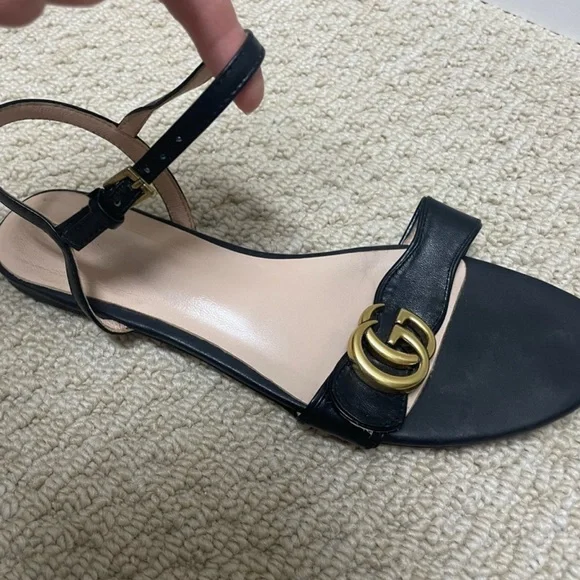Gucci Marmont Sandals Flat Black Leather Interlocking GG Size 41 - Picture 8 of 15